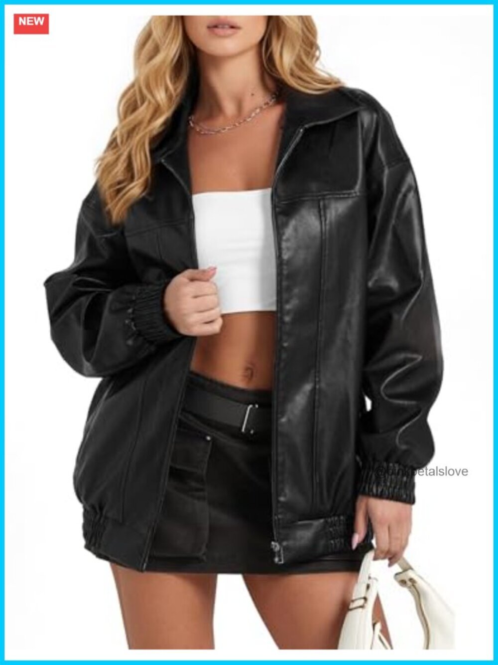 Oversized Faux Leather Jacket with Zipper and Pockets